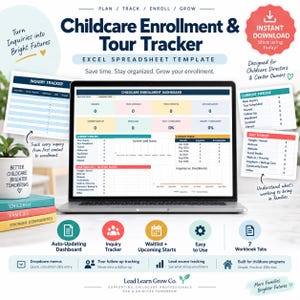 Könnte beinhalten: Ein Laptop mit einer Excel-Tabellenvorlage zur Nachverfolgung von Kinderbetreuungsanmeldungen und Besichtigungen. Der Bildschirm zeigt ein Dashboard mit Kennzahlen. Um den Laptop herum befinden sich Karten zu Anfragen, Pipelines und Lead-Quellen.