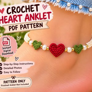 Crochet Heart Anklet Pattern PDF, Beaded Adjustable Jewelry Tutorial (Digital Download)