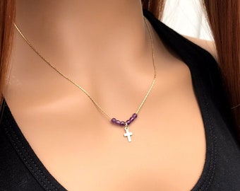 Beaded Cross necklace, gold, Easter gift, Christian gift, minimalist, gemstone, baptism gift