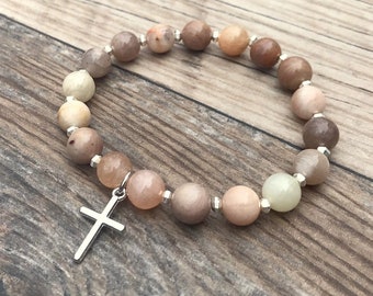 Beaded Cross bracelet, Silver, Christian gift, Easter gift, gemstone cross, baptism gift, gift for her, moonstone