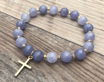 Beaded Cross bracelet, Gold, Christian gift, Easter gift, gemstone cross, baptism gift, gift for her, Angelite