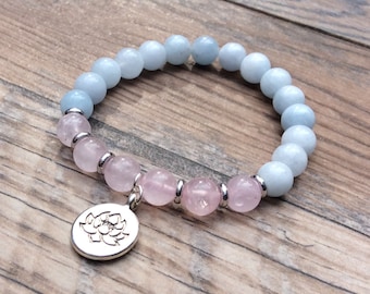 Aquamarine bracelet with Rose Quartz & Lotus charm