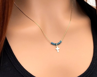 Beaded Cross necklace, gold, Easter gift, Christian gift, minimalist, gemstone, baptism gift