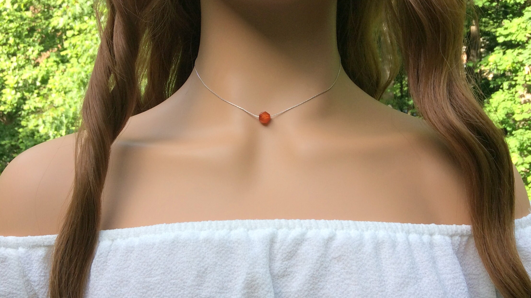 Carnelian choker necklace Sterling Silver - Sacral chakra - dainty ne…