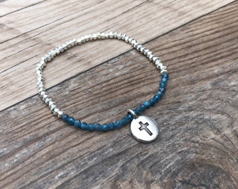 Beaded Cross bracelet, Silver, Easter gift, Christian gift, minimalist, gemstone, baptism gift