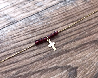 Beaded Cross necklace, gold, Easter gift, Christian gift, minimalist, gemstone, baptism gift