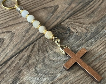 Handmade Gemstone Keychain With Wooden Cross - Ideal Keepsake Gift