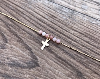 Beaded Cross necklace, gold, Easter gift, Christian gift, minimalist, gemstone, baptism gift