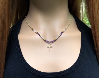 Beaded Cross necklace, gemstone, Christian gift, Mothers day gift, baptism gift, gift for her, Amethyst, Kunzite