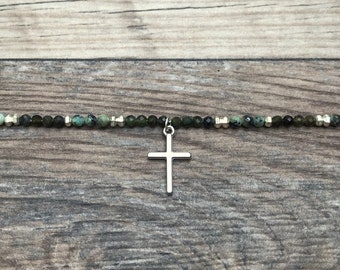 Beaded Cross necklace, gemstone, Christian gift, Mothers day gift, baptism gift, gift for her, Green Tourmaline, African Turquoise