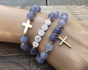 Christian bracelet set, Christian gift, Easter gift, mother of pearl cross, baptism gift, gift for her, Angelite