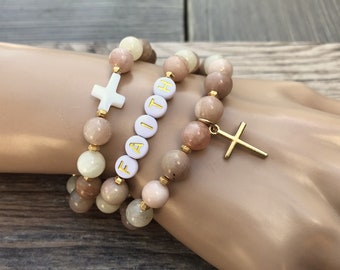 Christian bracelet set, Christian gift, Easter gift, mother of pearl cross, baptism gift, gift for her, Moonstone