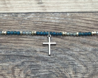 Beaded Cross necklace, gemstone, Christian gift, Mothers day gift, baptism gift, gift for her, Apatite, Kyanite