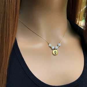 Delicate Cross Necklace with Aquamarine Accent - Ideal Christian Gift