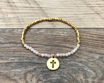 Beaded Cross bracelet, Gold, Easter gift, Christian gift, minimalist, gemstone, baptism gift