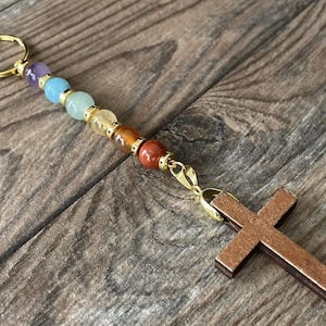 Handmade Gemstone Cross Keychain With Wooden Cross - Ideal Christian Gift
