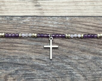 Beaded Cross necklace, gemstone, Christian gift, Mothers day gift, baptism gift, gift for her, Amethyst, Kunzite