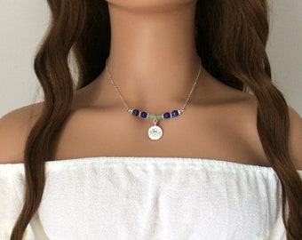 Lotus necklace, Buddha, Om, blue, green, gemstone