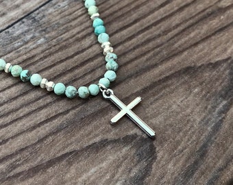 Beaded Cross necklace, Easter gift, gemstone, Amazonite, Christian gift, baptism gift, gift for her