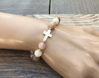 Beaded Cross bracelet, Christian gift, Easter gift, mother of pearl cross, baptism gift, gift for her, Moonstone