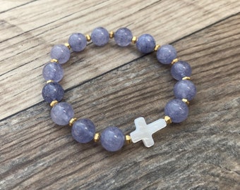 Beaded Cross bracelet, Christian gift, Easter gift, mother of pearl cross, baptism gift, gift for her, Angelite