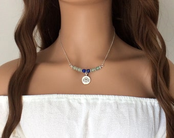 Lotus necklace, Buddha, Om, Gemstone necklace, green, blue