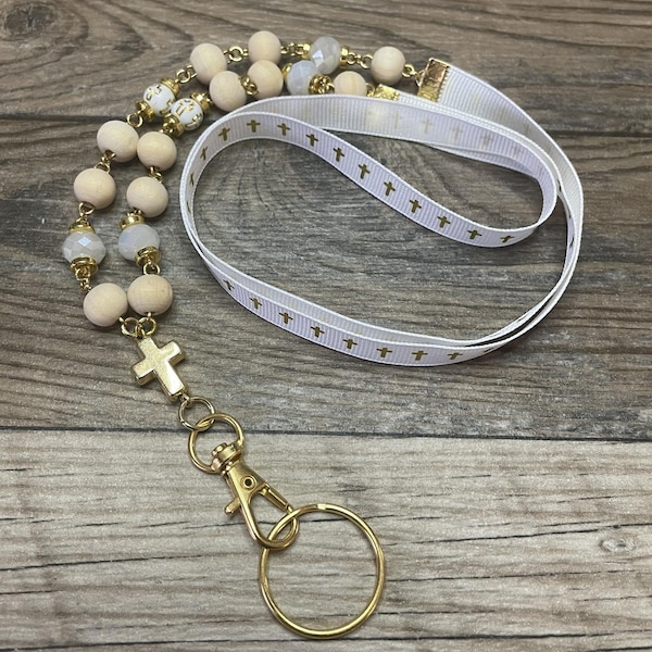 Cordón de cuentas con diseño de cruz, regalo cristiano, porta credencial para enfermera o maestra, credencial de identificación