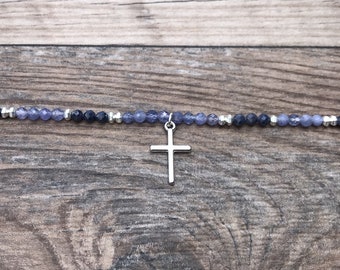 Beaded Cross necklace, gemstone, Christian gift, Easter gift, baptism gift, gift for her, Tanzanite, Sapphire