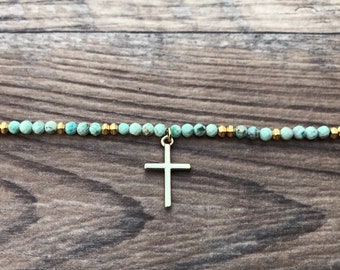 Beaded Cross necklace, Easter gift, gemstone, Amazonite, Christian gift, baptism gift, gift for her
