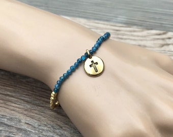 Beaded Cross bracelet, Gold, Easter gift, Christian gift, minimalist, gemstone, baptism gift