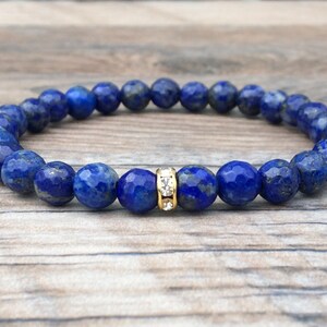 Dainty Lapis Lazuli Bracelet With Rhinestone Accent - Stretch Design