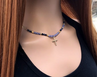 Beaded Cross necklace, gemstone, Christian gift, Easter gift, baptism gift, gift for her, Tanzanite, Sapphire