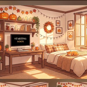 Peut inclure: Un ensemble graphique numérique intitulé COZY AUTUMN TWITCH SCREENS présentant trois scènes de chambre avec des citrouilles orange, du feuillage d'automne, des guirlandes lumineuses et un chat endormi sur un lit. Les écrans affichent STARTING SOON, BE RIGHT BACK, STREAM ENDING.