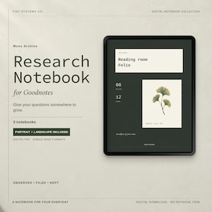 May include: A digital research notebook for Goodnotes titled Moss Archive, featuring a dark green tablet interface with a ginkgo leaf illustration, text reading Reading room Folio, 08 sections, 12 pages, and a digital PDF format label.