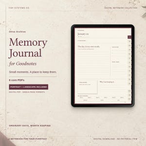 Puede incluir: Un diario de memoria digital para Goodnotes mostrado en la pantalla de una tableta. La interfaz presenta una página de color crema con texto oscuro, incluyendo secciones para January 02, a title for today, the day in my own words, plans to keep.