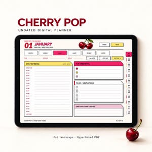May include: A digital tablet displaying a Cherry Pop undated digital planner with a daily schedule, top 3 priorities, and to-do list sections. The interface features pink and yellow accents, a cherry illustration, and navigation tabs.