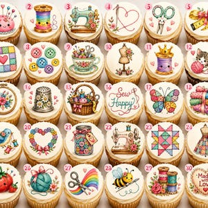 Sewing Cupcake Toppers Uncut Wafer Paper, Quilting Craft Theme, Sewing Machine Thread Buttons Scissors Edible , 30 Pack 1.5 "