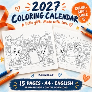 Op de afbeelding: Een 2027 kleurkalender digitale download met 15 A4-pagina's in het Engels. De omslag toont zwart-wit lijntekeningen van cartoon tandfiguren, een sneeuwman en een cadeaulabel. Tekst bevat 2027 COLORING CALENDAR, ZAHNKLAR en 15 PAGES A4 ENGLISH.