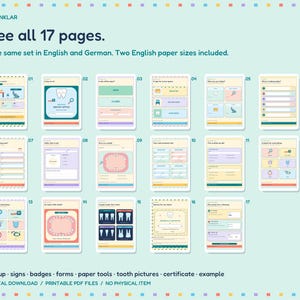 Op de afbeelding: Een set van 17 printbare pagina's getiteld Zahnklar, met formulieren, borden, badges en certificaten met een tandheelkundig thema. De pagina's bevatten kleurrijke illustraties van tanden, tandheelkundige hulpmiddelen en tekst.