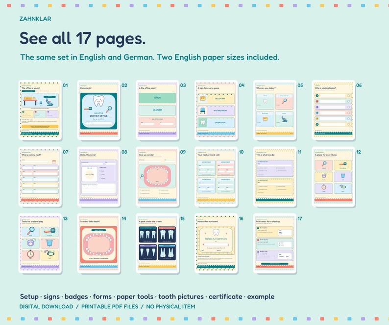 Op de afbeelding: Een set van 17 printbare pagina's getiteld Zahnklar, met formulieren, borden, badges en certificaten met een tandheelkundig thema. De pagina's bevatten kleurrijke illustraties van tanden, tandheelkundige hulpmiddelen en tekst.