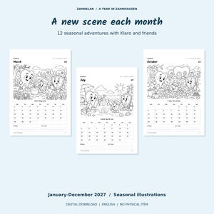 Op de afbeelding: Een wandkalender voor 2027 met zwart-witte lijntekeningen van tandfiguren. De pagina's tonen maart, juli en oktober met seizoensgebonden thema's zoals tuinieren, strandactiviteiten en herfstbladeren, inclusief maandelijkse roosters.