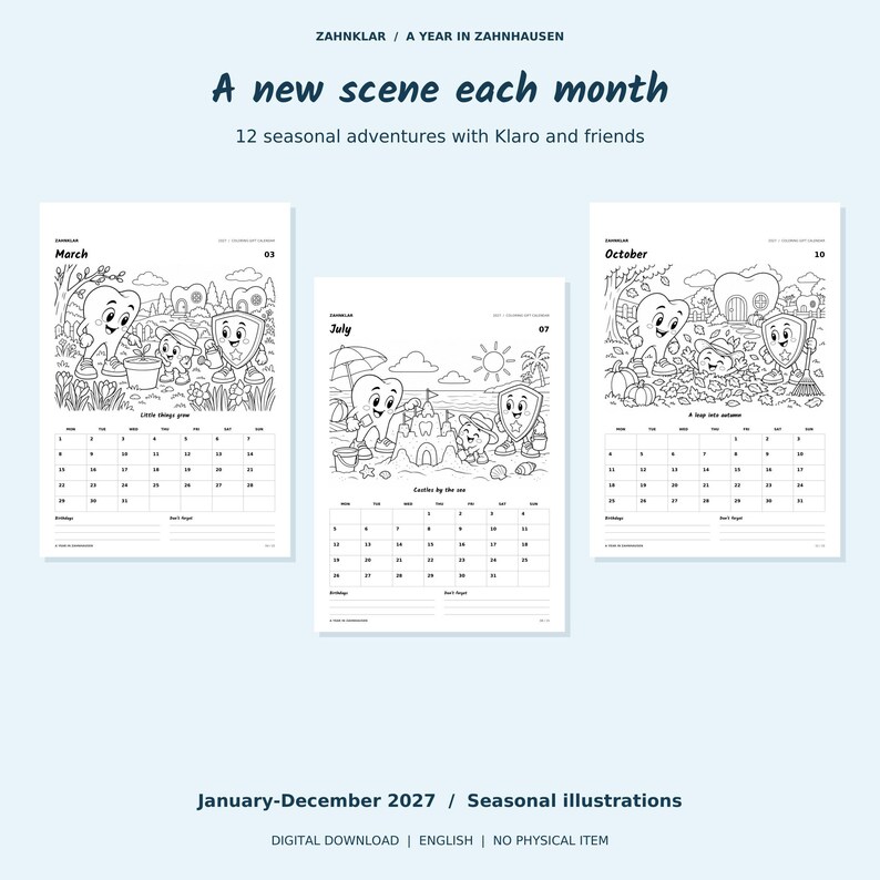Op de afbeelding: Een wandkalender voor 2027 met zwart-witte lijntekeningen van tandfiguren. De pagina's tonen maart, juli en oktober met seizoensgebonden thema's zoals tuinieren, strandactiviteiten en herfstbladeren, inclusief maandelijkse roosters.