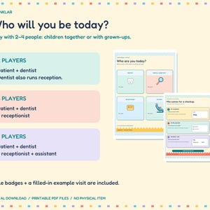 Op de afbeelding: Een printbaar rollenspel getiteld Who will you be today? met instructies voor 2-4 spelers, rollenbadges voor tandarts, assistent, receptionist en pati&euml;nt, en een ingevuld voorbeeldformulier voor een bezoek in pastelkleuren.