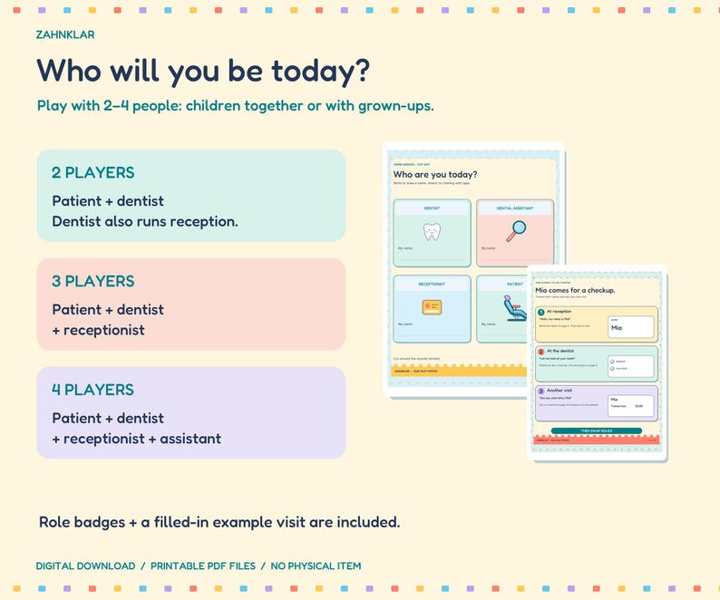 Op de afbeelding: Een printbaar rollenspel getiteld Who will you be today? met instructies voor 2-4 spelers, rollenbadges voor tandarts, assistent, receptionist en pati&euml;nt, en een ingevuld voorbeeldformulier voor een bezoek in pastelkleuren.