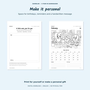 Op de afbeelding: Twee pagina's van een printbare kalender getiteld A Year in Zahnhausen. E&eacute;n pagina bevat een lege ruimte voor een handgeschreven notitie, terwijl de andere een kleurplaat voor februari toont met stripfiguren, een kalenderrooster en de tekst Made with love.