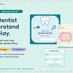 Op de afbeelding: Een printbare PDF-set voor tandarts-rollenspellen met 17 pagina's aan bordjes, kaarten en formulieren. De set bevat een bordje met de titel Our Little Dentist Office, een pati&euml;ntenformulier genaamd Give us a smile en een afsprakenkaartje.