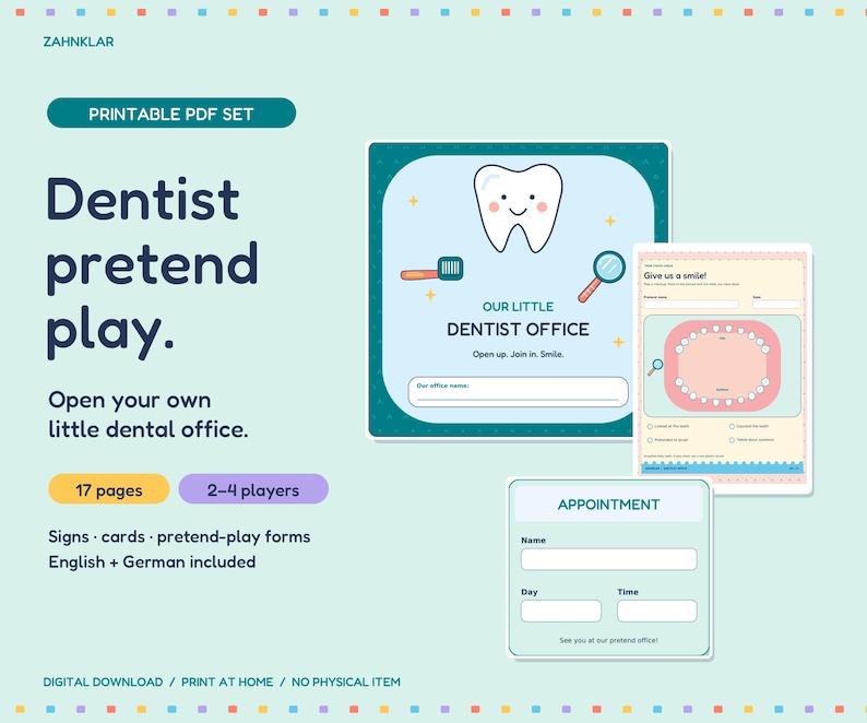 Op de afbeelding: Een printbare PDF-set voor tandarts-rollenspellen met 17 pagina's aan bordjes, kaarten en formulieren. De set bevat een bordje met de titel Our Little Dentist Office, een pati&euml;ntenformulier genaamd Give us a smile en een afsprakenkaartje.