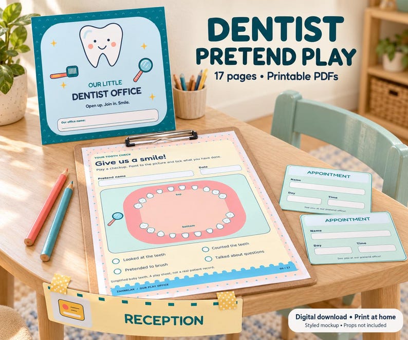 Op de afbeelding: Een tandarts rollenspelset met 17 printbare pagina's. De set bevat een bord met de tekst Our Little Dentist Office, een klembord met een tandcontroleformulier genaamd Give us a smile, twee afspraakkaarten en een receptiebordje.