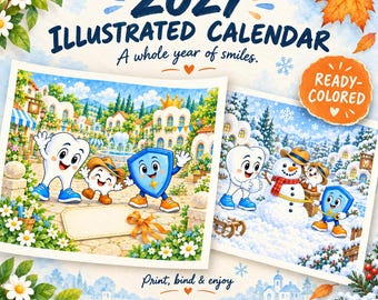 2027 Printable Calendar, Illustrated A4 PDF, Cute Tooth Characters, Seasonal Wall Calendar, 15 Pages