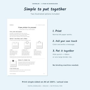 Op de afbeelding: Een instructiedocument getiteld Simple to put together voor een printbare kalender. Het beschrijft twee montagemethoden: met een perforator en lint, of een binderclip. De tekst bevat stappen voor het afdrukken op A4-papier en het toevoegen van details.